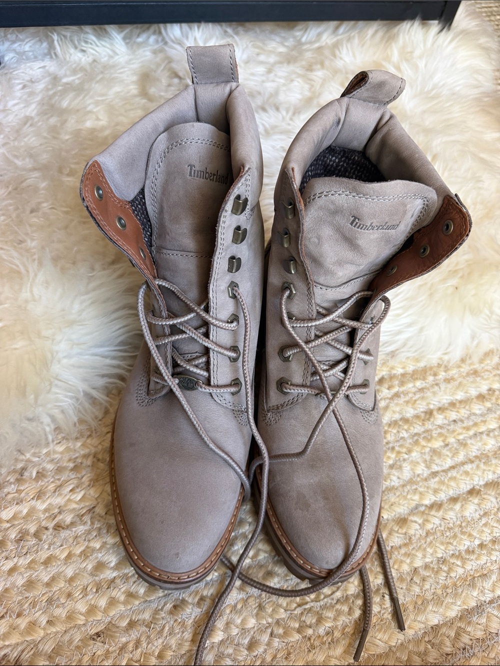 Timberland women’s Lace-Up Suede Boots in Light Taupe with Brown Accents